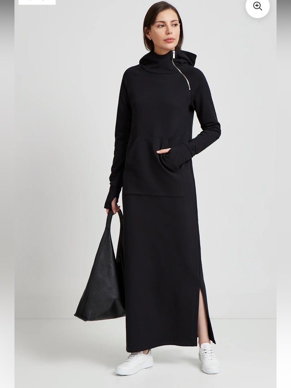 Black Funnel-Neck Zip Maxi Dress with Kangaroo Pocket